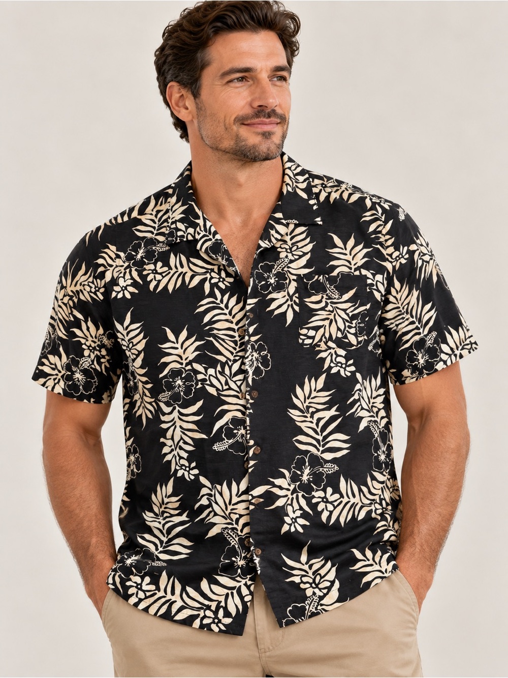 Island Republic Black and Cream Floral Short-Sleeve Button-Down Shirt  100% silk